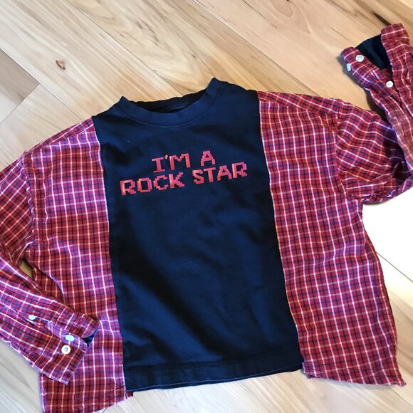 Upcycled Boy’s Plaid Tee: Rock Star Graphic T-Shirt w/Long Sleeves, Size 6-10 - Picture 4 of 8